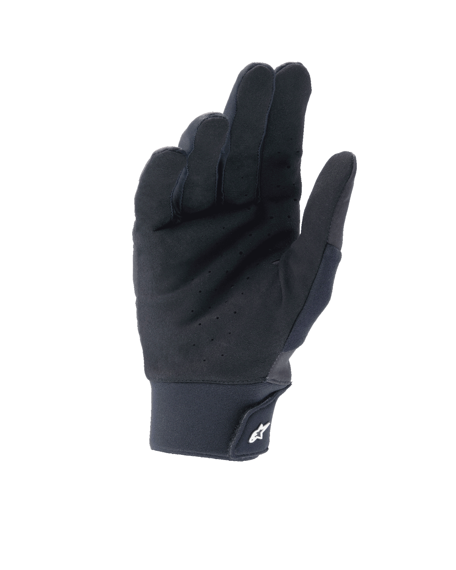 Guantes Alpinestars A-Supra Shield, negros, vista de la palma con gamuza sintética perforada para ventilación, puño de neopreno con cierre de gancho y bucle y logotipo de estrella blanco, equipamiento técnico para MTB y ciclismo de gravedad