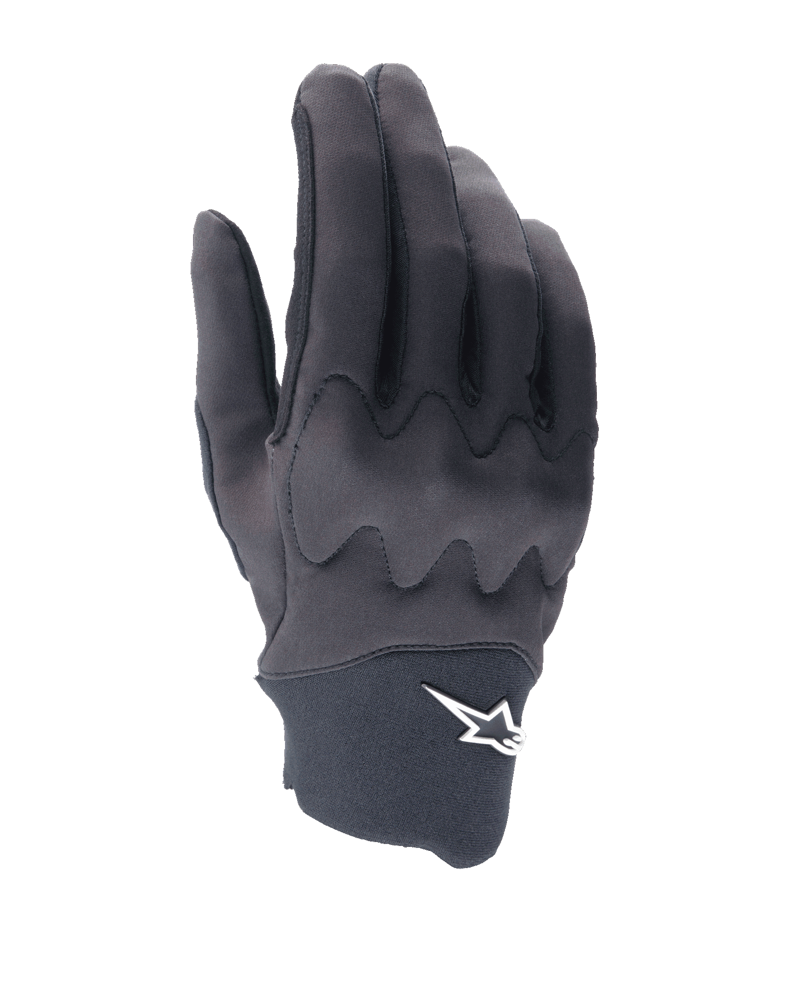 Alpinestars A-Supra Shield Gloves, MTB Cycling Gloves, Black, sleek design with wavy knuckle shield pattern, white star logo on the neoprene cuff, flexible and durable construction