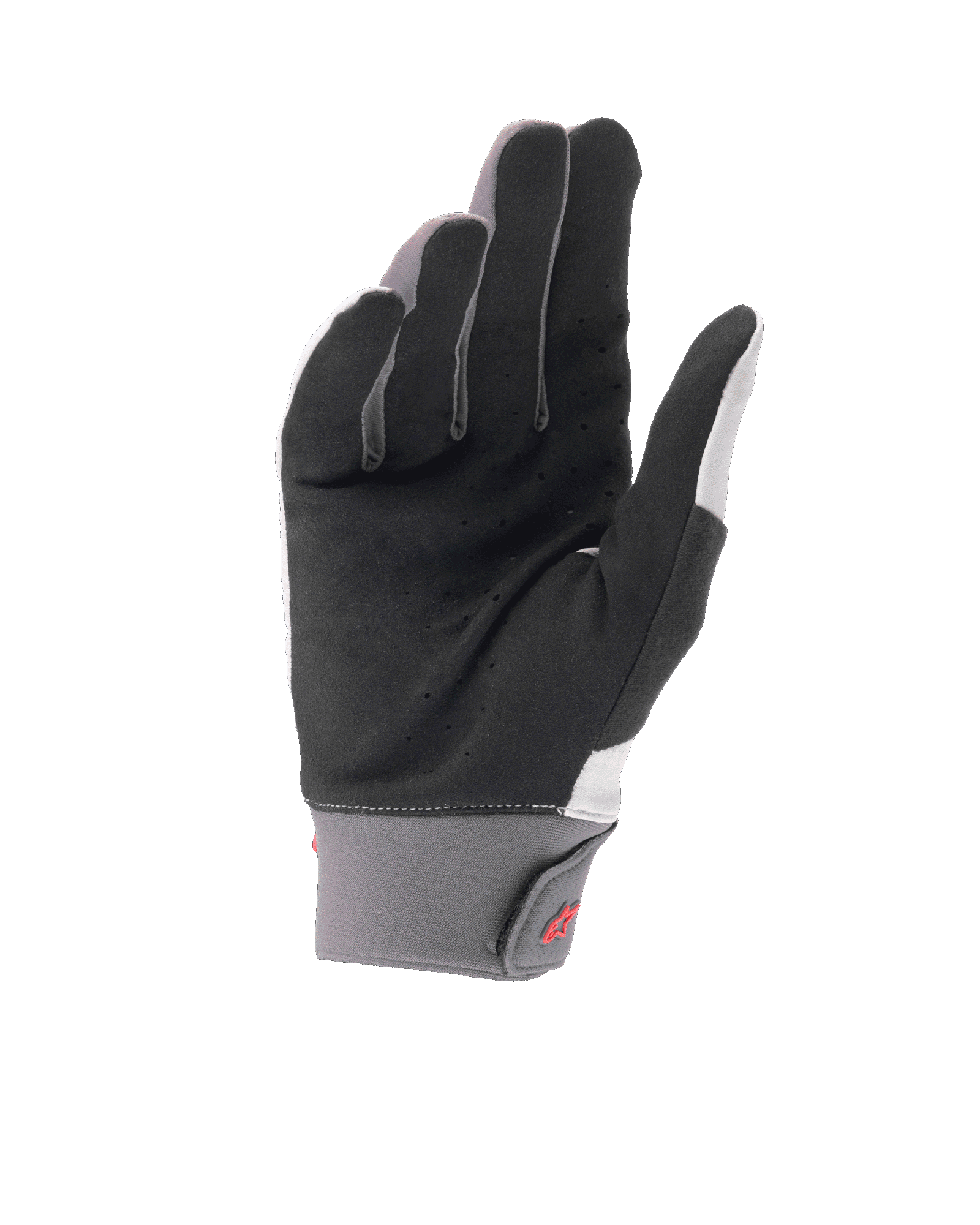 Guantes Alpinestars A-Supra Shield, guantes de ciclismo de montaña en gris claro, vista de la palma con ante sintético negro perforado para ventilación, puño de neopreno gris con cierre de gancho y bucle y logotipo rojo