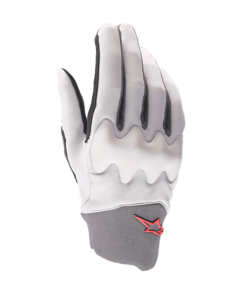 Alpinestars A-Supra Shield Gloves, guantes para ciclismo de montaña, gris claro, con un escudo protector de nudillos ondulado, puño de neopreno gris oscuro con el logo de la estrella roja, diseño ergonómico para ciclismo de gravedad