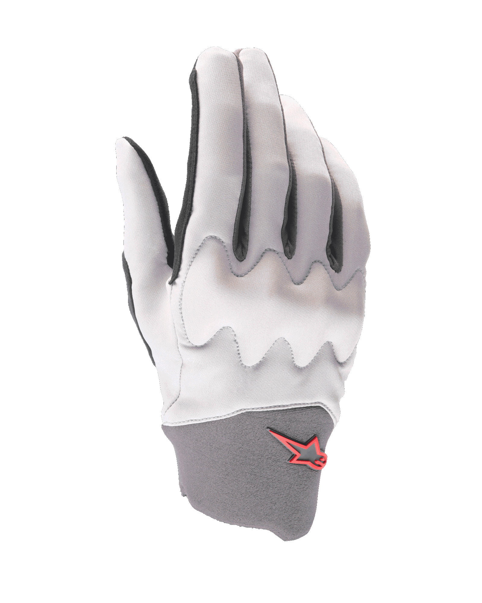Alpinestars A-Supra Shield Gloves, guantes para ciclismo de montaña, gris claro, con un escudo protector de nudillos ondulado, puño de neopreno gris oscuro con el logo de la estrella roja, diseño ergonómico para ciclismo de gravedad