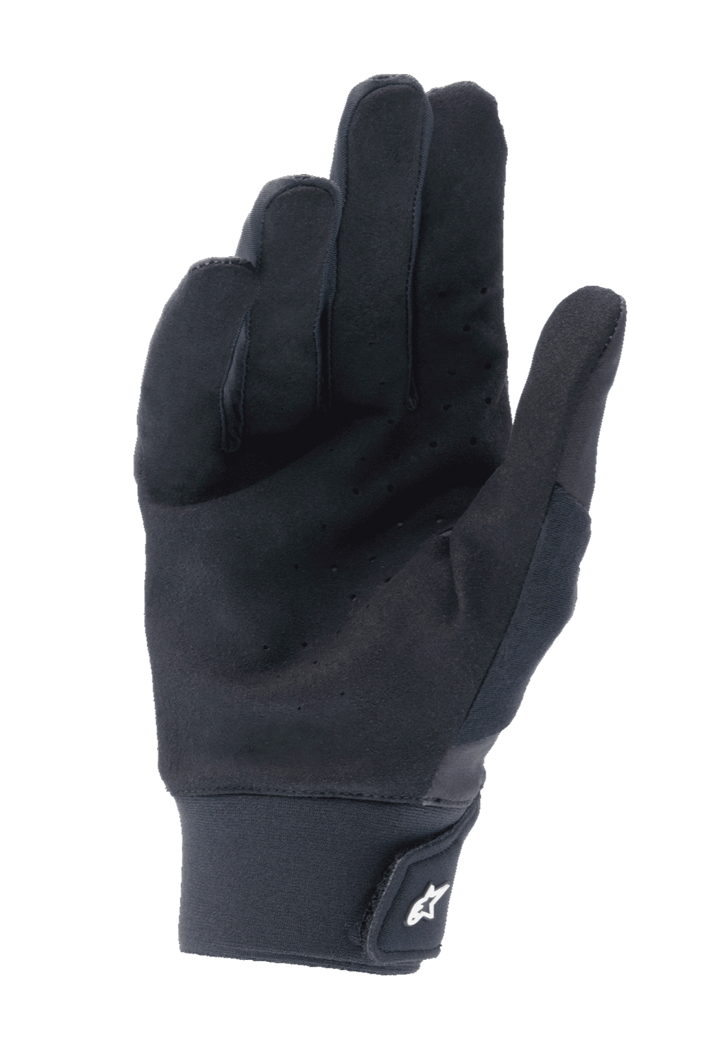 Guantes Alpinestars A-Supra, negros, vista de la palma con ante sintético perforado para ventilación, puño de neopreno con cierre de gancho y bucle y logo blanco, equipamiento de alto rendimiento para ciclismo de montaña