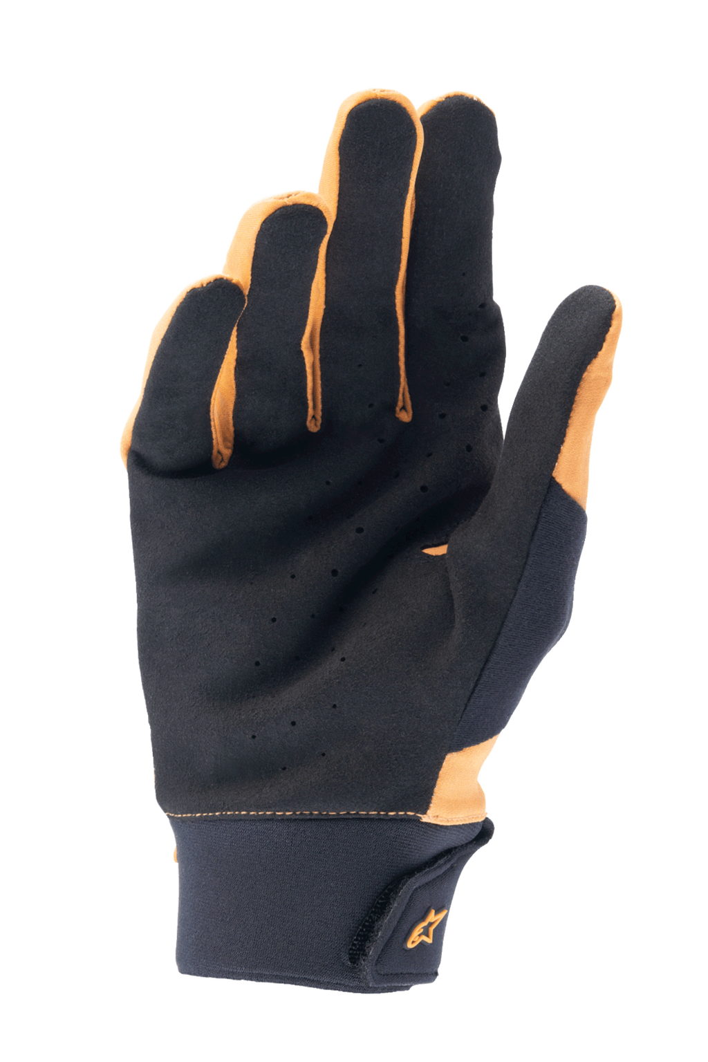 Guantes Alpinestars A-Supra, dorado oscuro y negro, vista de la palma que muestra ante sintético perforado para ventilación y agarre, puño ancho de neopreno con cierre de gancho y bucle y logotipo dorado, guantes de ciclismo para mountain bike