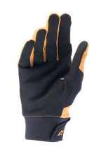 Guantes Alpinestars A-Supra, dorado oscuro y negro, vista de la palma que muestra ante sintético perforado para ventilación y agarre, puño ancho de neopreno con cierre de gancho y bucle y logotipo dorado, guantes de ciclismo para mountain bike