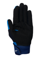 Guantes Alpinestars A-Supra, guantes de MTB azules, vista de la palma que muestra el material de gamuza perforada negra, puño grande de neopreno azul con cierre de gancho y bucle y logotipo Astars blanco