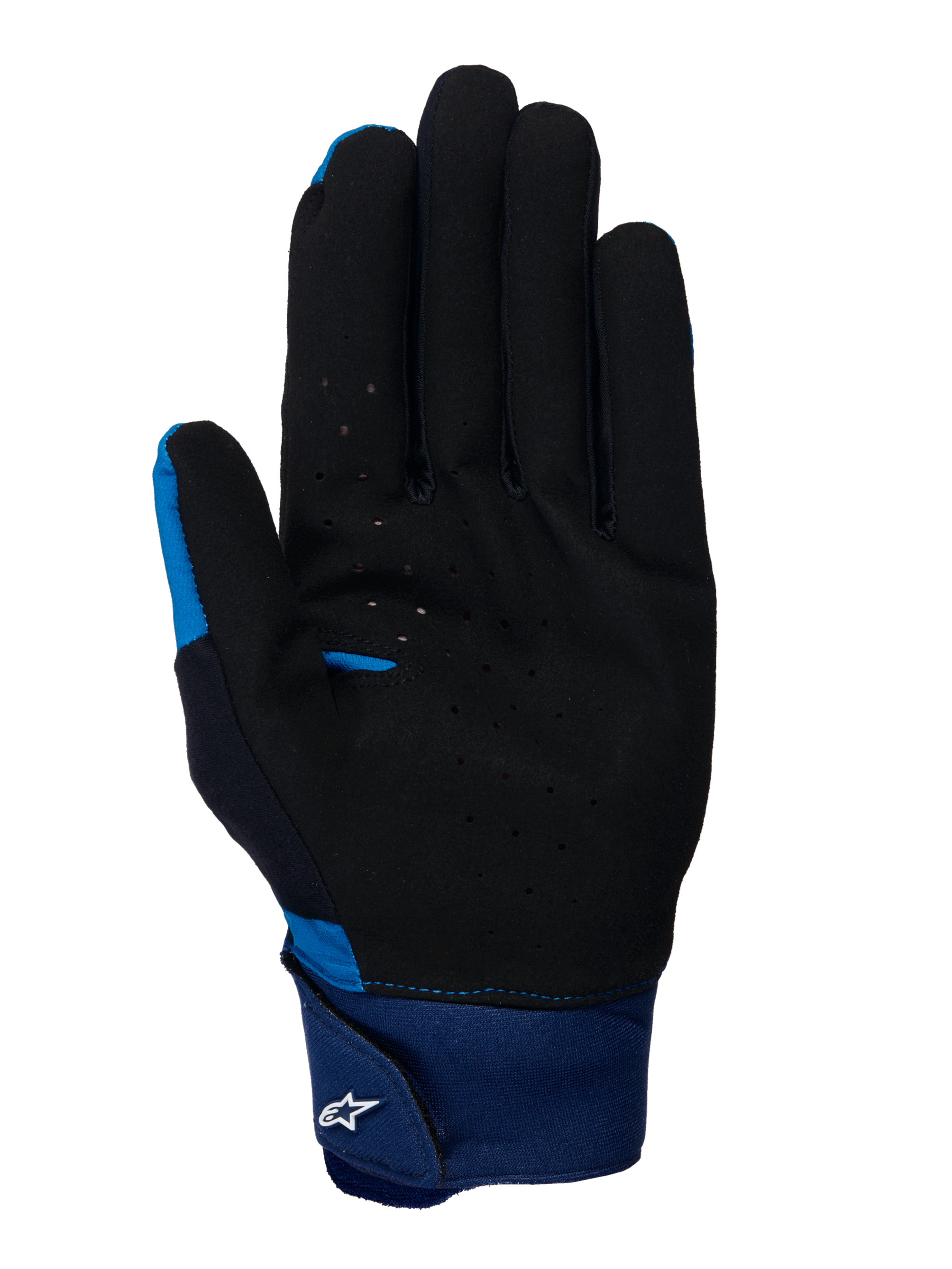 Guantes Alpinestars A-Supra, guantes de MTB azules, vista de la palma que muestra el material de gamuza perforada negra, puño grande de neopreno azul con cierre de gancho y bucle y logotipo Astars blanco