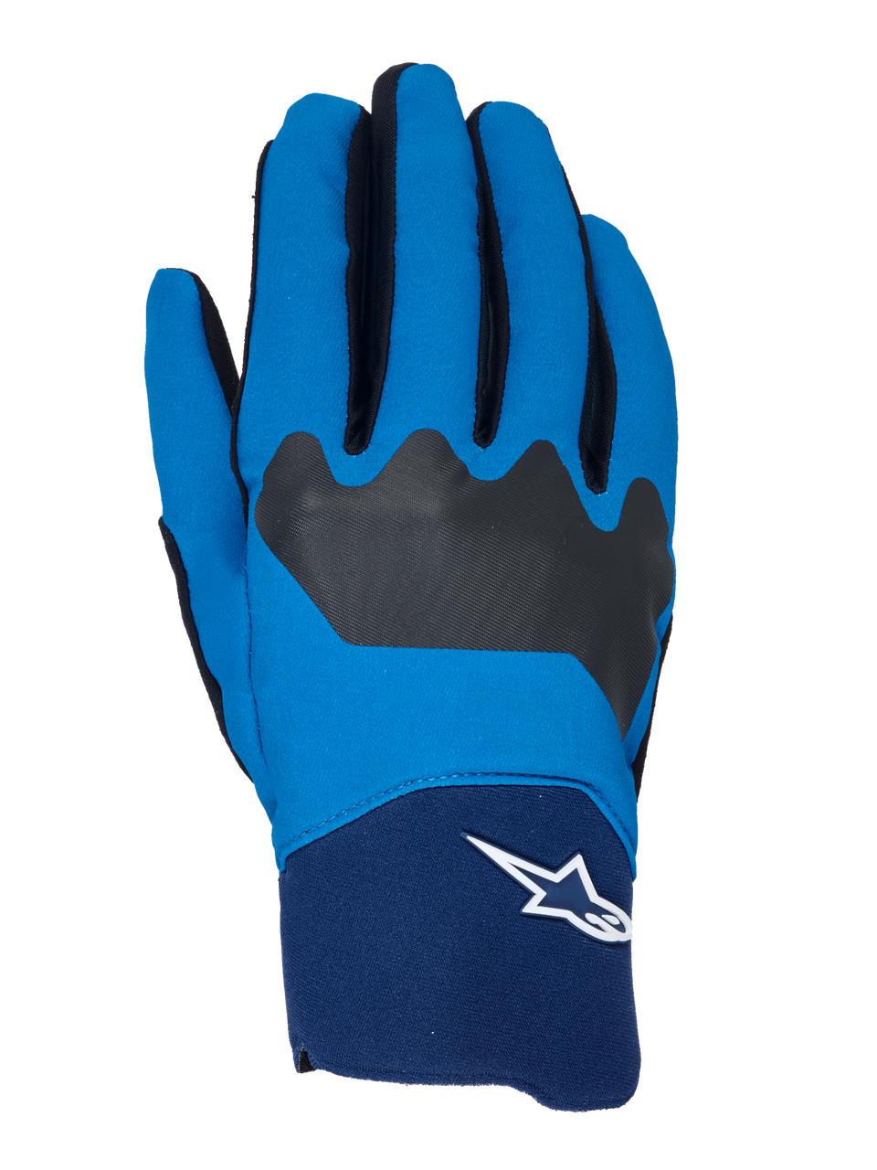 Alpinestars A-Supra Gloves, guantes de moto, azul brillante y negro, diseño moderno con patrón en zigzag negro, puño azul oscuro con logo de estrella blanca, textura suave tipo tela