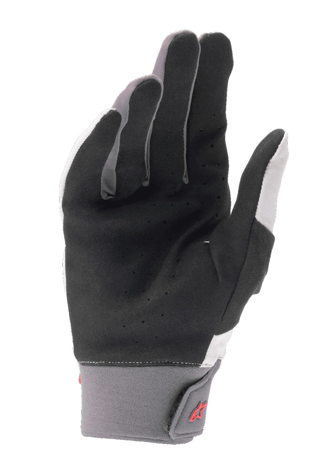 Guantes Alpinestars A-Supra, guantes para bicicleta de montaña, gris claro y negro, con palma de gamuza sintética perforada, puño de neopreno con cierre de gancho y bucle, detalle del logo en rojo, diseñados para ciclismo de alto rendimiento