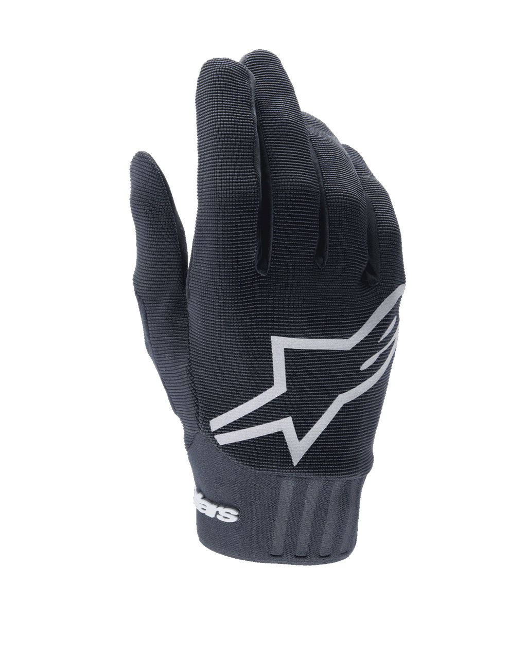 Alpinestars A-Dura Gloves, guantes negros para bicicleta de montaña, con un gran logotipo de estrella blanca en el dorso, tejido elástico texturizado y un puño ancho de neopreno con la marca, diseñados para el rendimiento en ciclismo todoterreno.