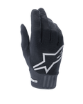 Alpinestars A-Dura Gloves, guantes negros para bicicleta de montaña, con un gran logotipo de estrella blanca en el dorso, tejido elástico texturizado y un puño ancho de neopreno con la marca, diseñados para el rendimiento en ciclismo todoterreno.
