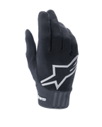 Alpinestars A-Dura Gloves, guantes negros para bicicleta de montaña, con un gran logotipo de estrella blanca en el dorso, tejido elástico texturizado y un puño ancho de neopreno con la marca, diseñados para el rendimiento en ciclismo todoterreno.