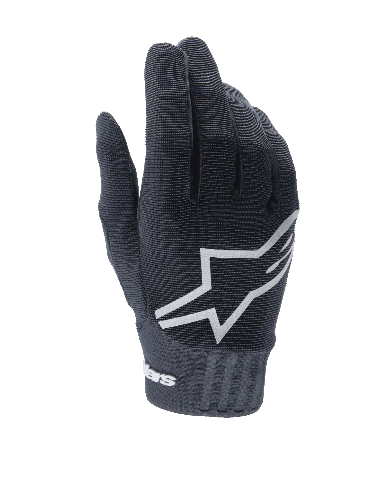 Alpinestars A-Dura Gloves, guantes negros para bicicleta de montaña, con un gran logotipo de estrella blanca en el dorso, tejido elástico texturizado y un puño ancho de neopreno con la marca, diseñados para el rendimiento en ciclismo todoterreno.