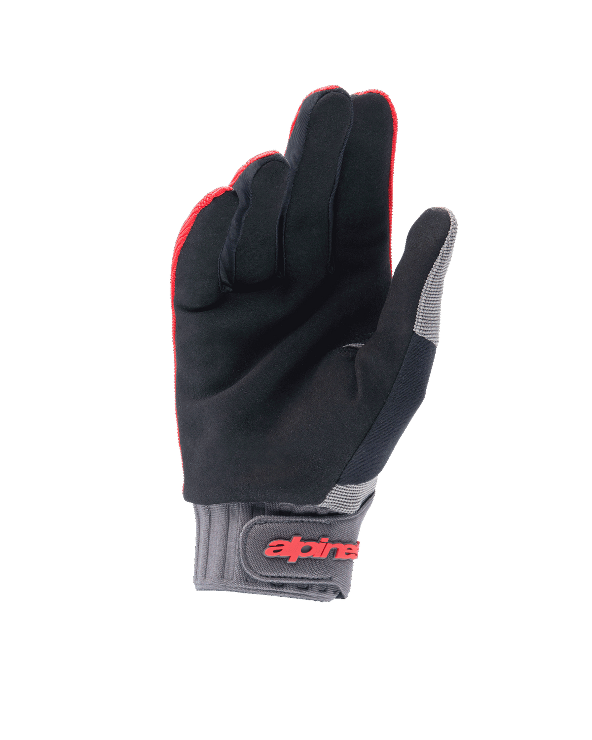 Guantes Alpinestars A-Dura, guantes de bicicleta de montaña, rojo flúor y negro, vista de la palma con ante sintético para el agarre, puño de neopreno gris con cierre de gancho y bucle y marca en rojo, equipamiento de ciclismo todoterreno