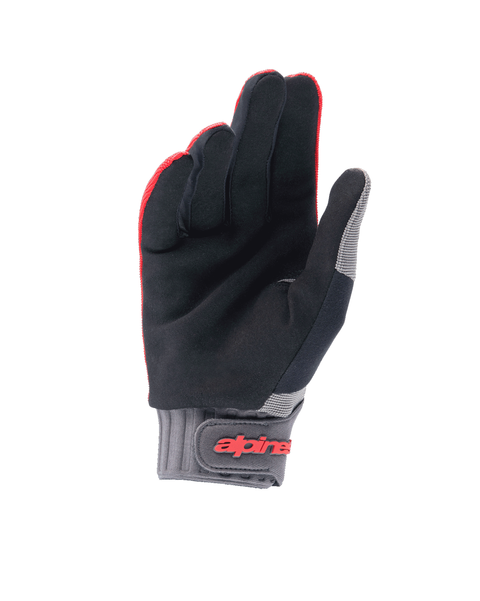 Guantes Alpinestars A-Dura, guantes de bicicleta de montaña, rojo flúor y negro, vista de la palma con ante sintético para el agarre, puño de neopreno gris con cierre de gancho y bucle y marca en rojo, equipamiento de ciclismo todoterreno