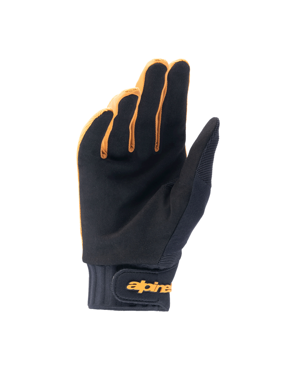 Guantes Alpinestars A-Dura, guantes para bicicleta de montaña, color oro oscuro y negro, vista de la palma que muestra el material de ante sintético, puño de neopreno con correa de gancho y bucle dorada, diseñados para el agarre y la movilidad en el ciclismo.