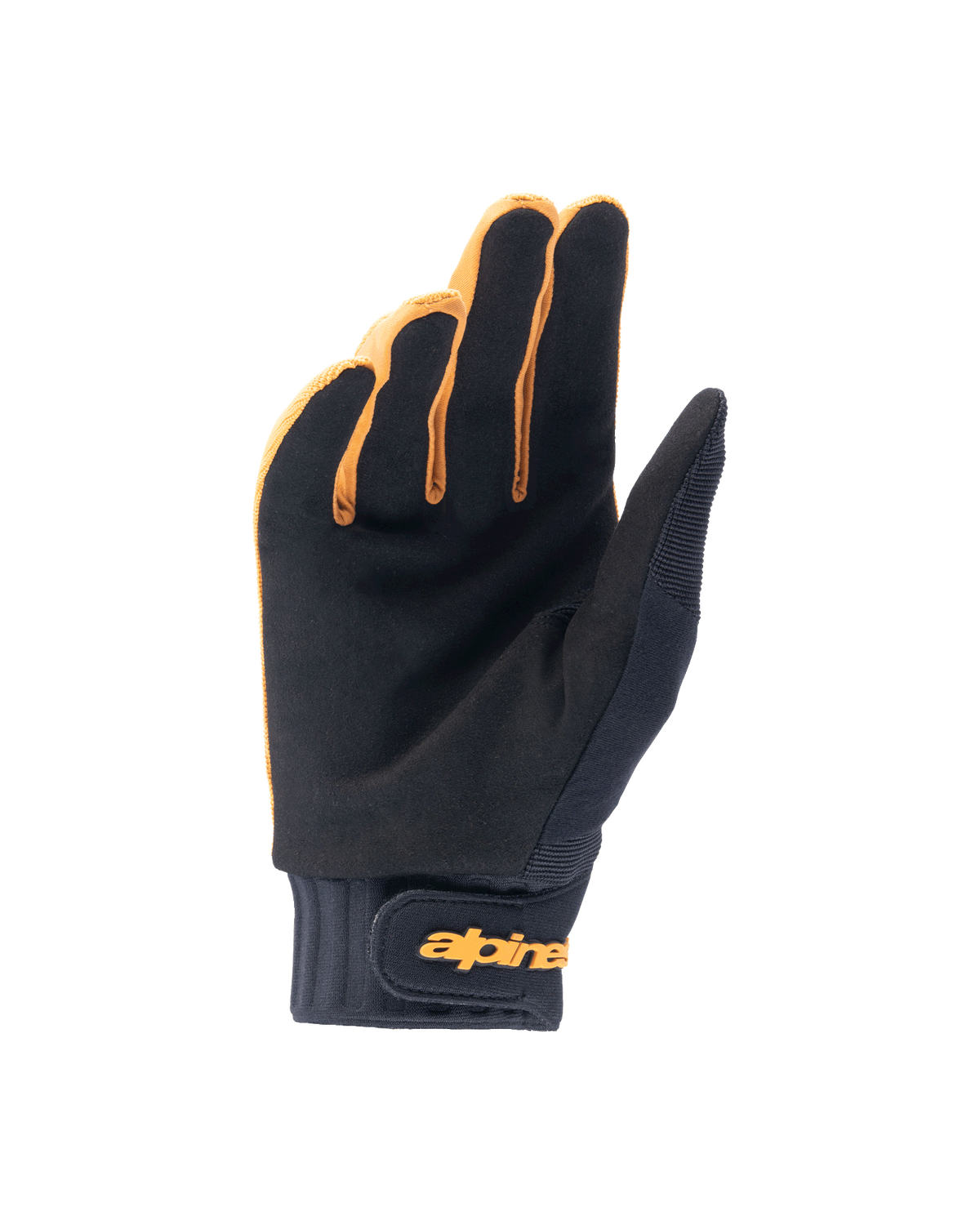 Guantes Alpinestars A-Dura, guantes para bicicleta de montaña, color oro oscuro y negro, vista de la palma que muestra el material de ante sintético, puño de neopreno con correa de gancho y bucle dorada, diseñados para el agarre y la movilidad en el ciclismo.