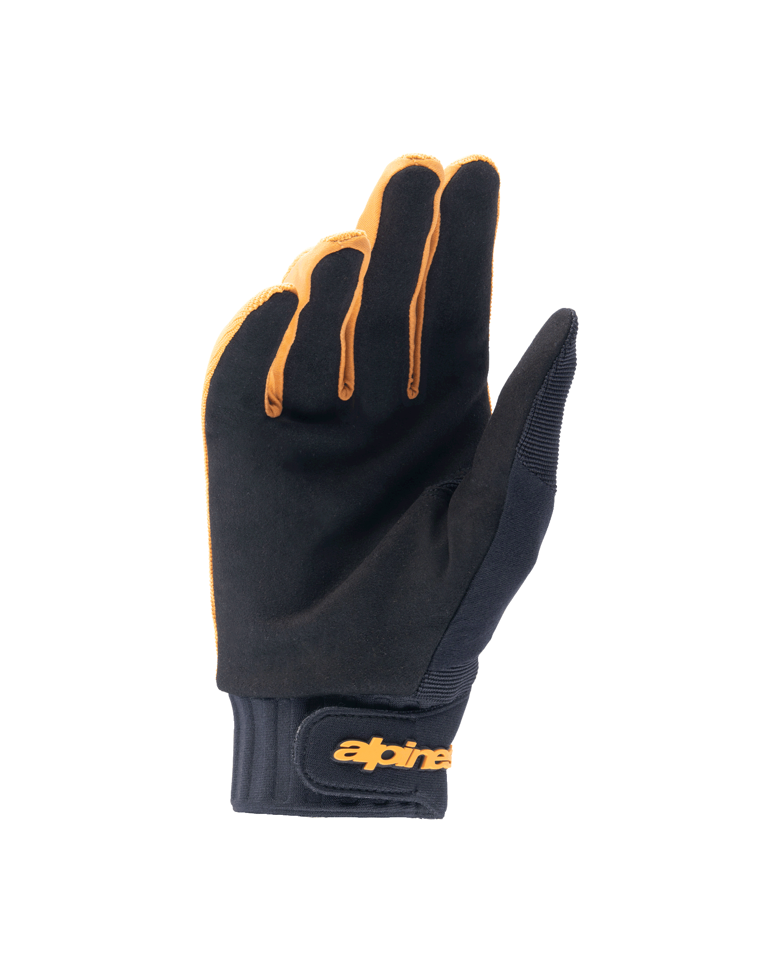 Guantes Alpinestars A-Dura, guantes para bicicleta de montaña, color oro oscuro y negro, vista de la palma que muestra el material de ante sintético, puño de neopreno con correa de gancho y bucle dorada, diseñados para el agarre y la movilidad en el ciclismo.