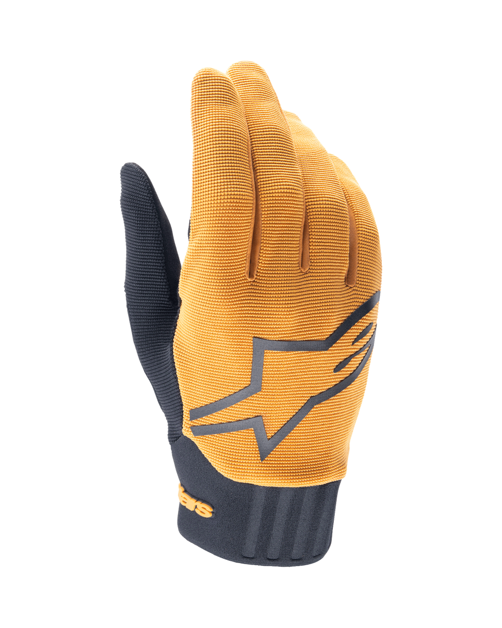 Guantes Alpinestars A-Dura, guantes de ciclismo de montaña MTB, dorado oscuro y negro, parte superior de tela dorada texturizada con un gran logotipo gris de Alpinestars, puño de neopreno negro, diseñados para el agarre y la movilidad en ciclismo de montaña