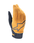 Guantes Alpinestars A-Dura, guantes de ciclismo de montaña MTB, dorado oscuro y negro, parte superior de tela dorada texturizada con un gran logotipo gris de Alpinestars, puño de neopreno negro, diseñados para el agarre y la movilidad en ciclismo de montaña
