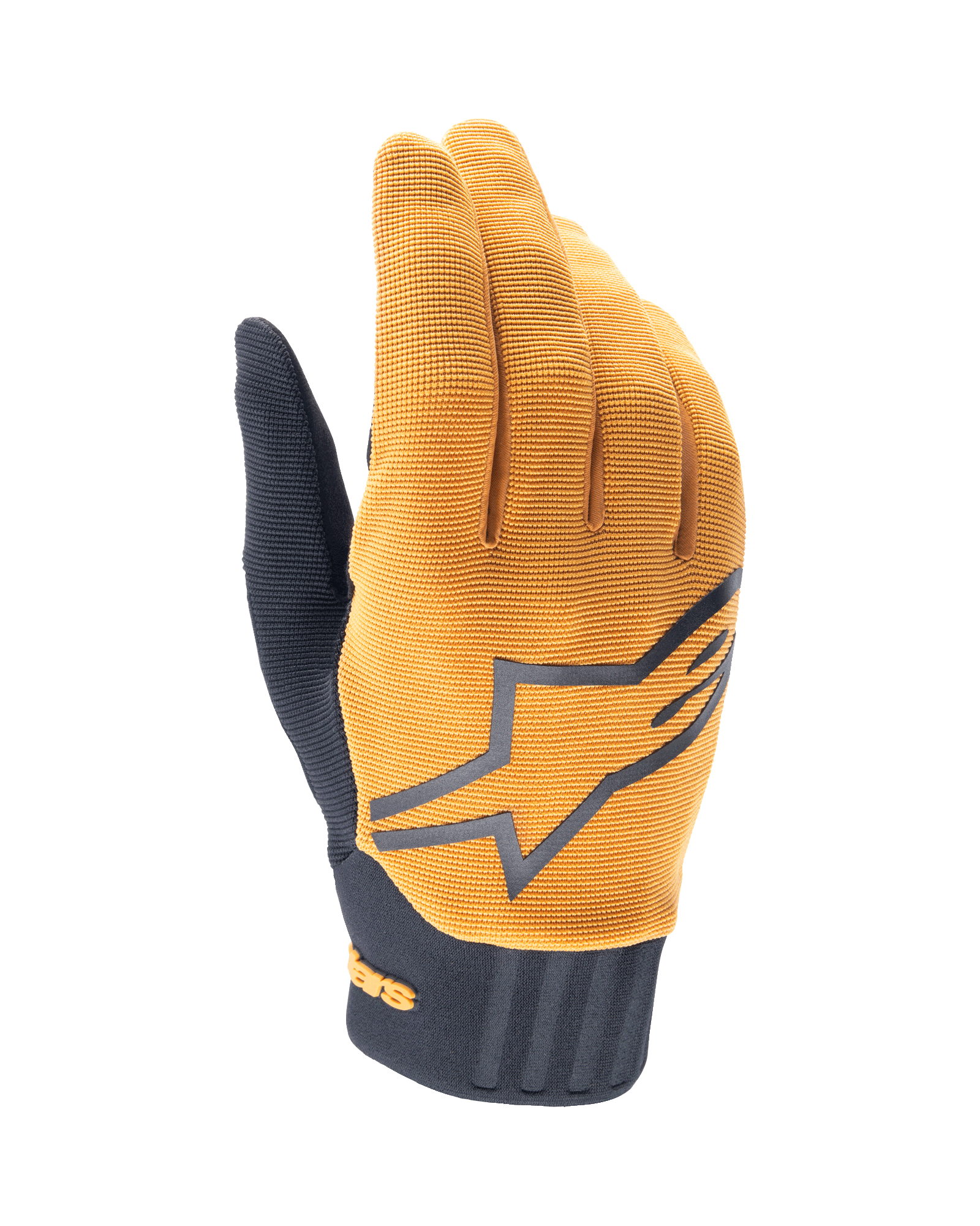 Guantes Alpinestars A-Dura, guantes de ciclismo de montaña MTB, dorado oscuro y negro, parte superior de tela dorada texturizada con un gran logotipo gris de Alpinestars, puño de neopreno negro, diseñados para el agarre y la movilidad en ciclismo de montaña
