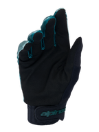 Guantes Alpinestars A-Dura, guantes de ciclismo MTB, verde camuflaje y negro, vista de la palma que muestra el material de ante sintético negro, puño de neopreno con correa ajustable de gancho y bucle, logotipo Alpinestars en verde azulado, equipamiento profesional para todoterreno