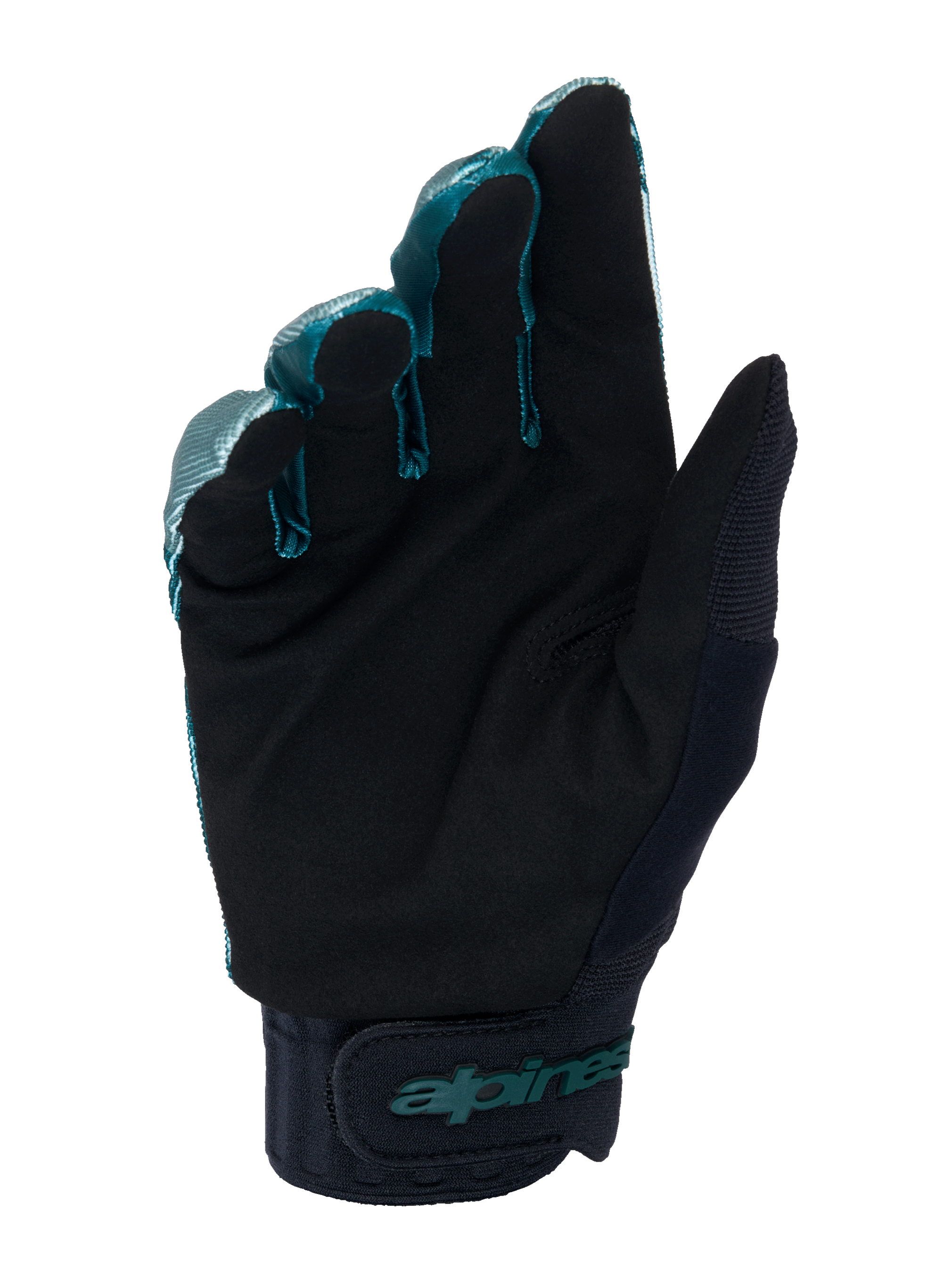 Guantes Alpinestars A-Dura, guantes de ciclismo MTB, verde camuflaje y negro, vista de la palma que muestra el material de ante sintético negro, puño de neopreno con correa ajustable de gancho y bucle, logotipo Alpinestars en verde azulado, equipamiento profesional para todoterreno