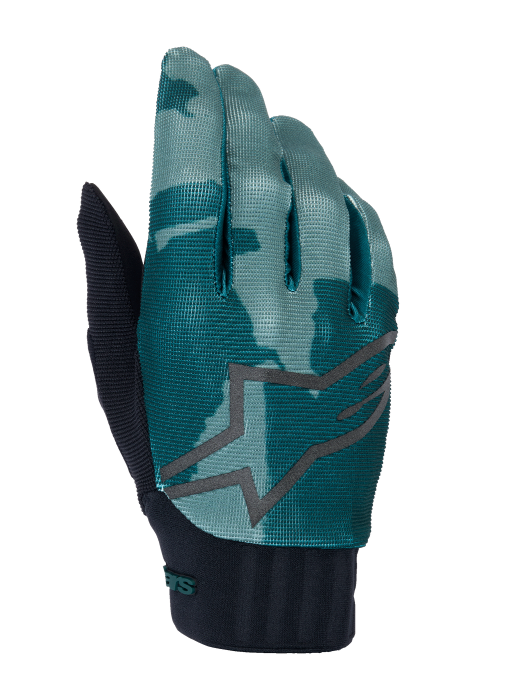 Guantes Alpinestars A-Dura, guantes de ciclismo de montaña MTB, Green Camo, patrón de camuflaje verde azulado y verde oscuro con un logotipo de estrella gris grande, puño de neopreno acanalado negro, equipamiento técnico para ciclismo todoterreno