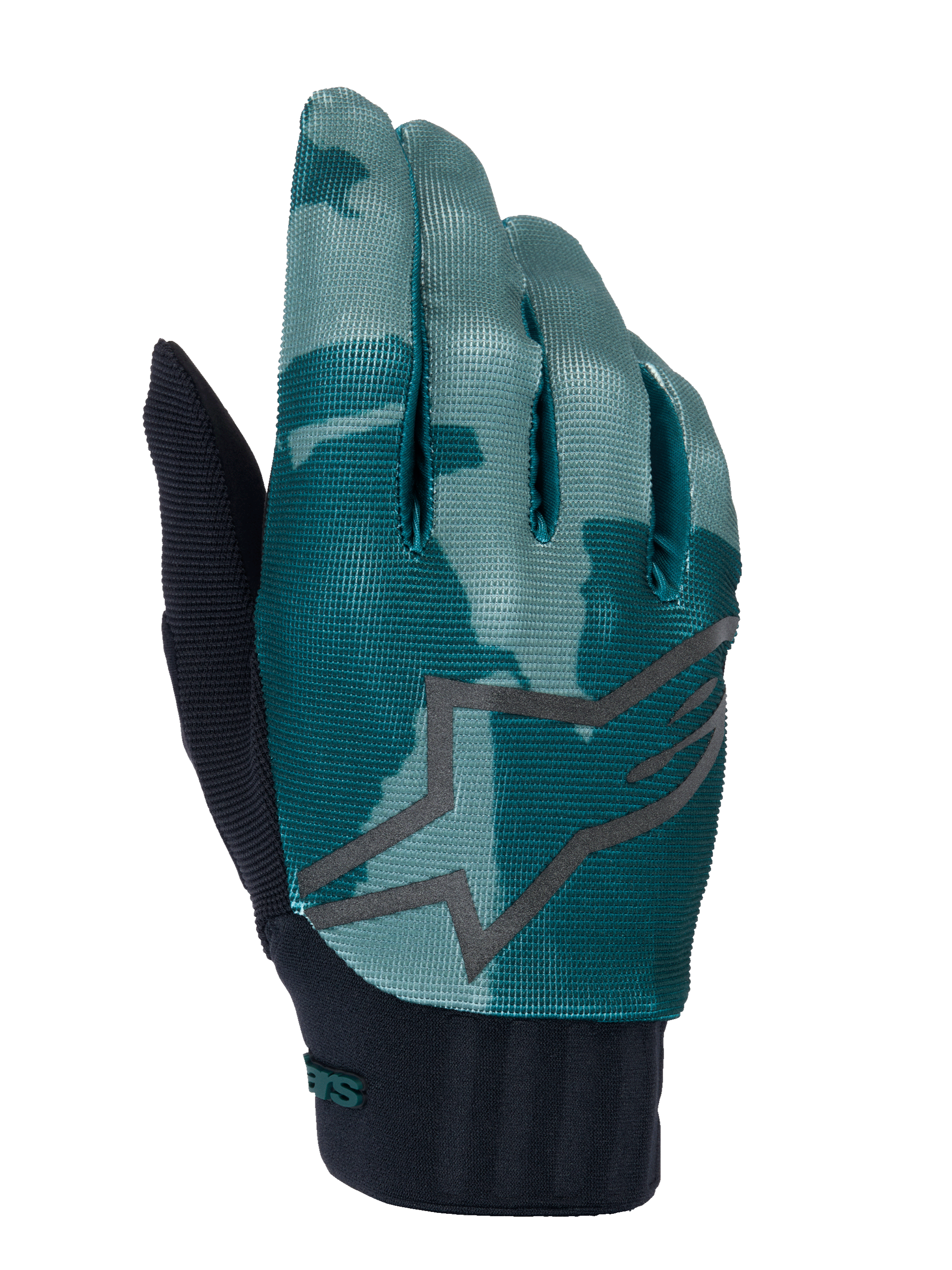 Guantes Alpinestars A-Dura, guantes de ciclismo de montaña MTB, Green Camo, patrón de camuflaje verde azulado y verde oscuro con un logotipo de estrella gris grande, puño de neopreno acanalado negro, equipamiento técnico para ciclismo todoterreno