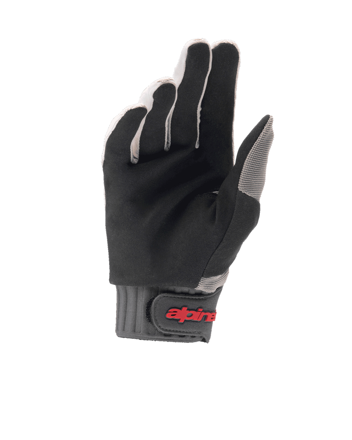 Guantes Alpinestars A-Dura, guantes de ciclismo MTB, gris claro y negro, vista de la palma que resalta el ante sintético duradero, puño acanalado gris con cierre de gancho y bucle y logotipo rojo, diseñados para el agarre y la comodidad en bicicleta de montaña