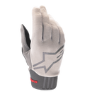 Alpinestars A-Dura Gloves, Mountain Bike Gloves, Light Gray and Charcoal, featuring a large star logo on the back, red Alpinestars branding on the neoprene cuff, textured stretch fabric upper, and ergonomic design for off-road cycling