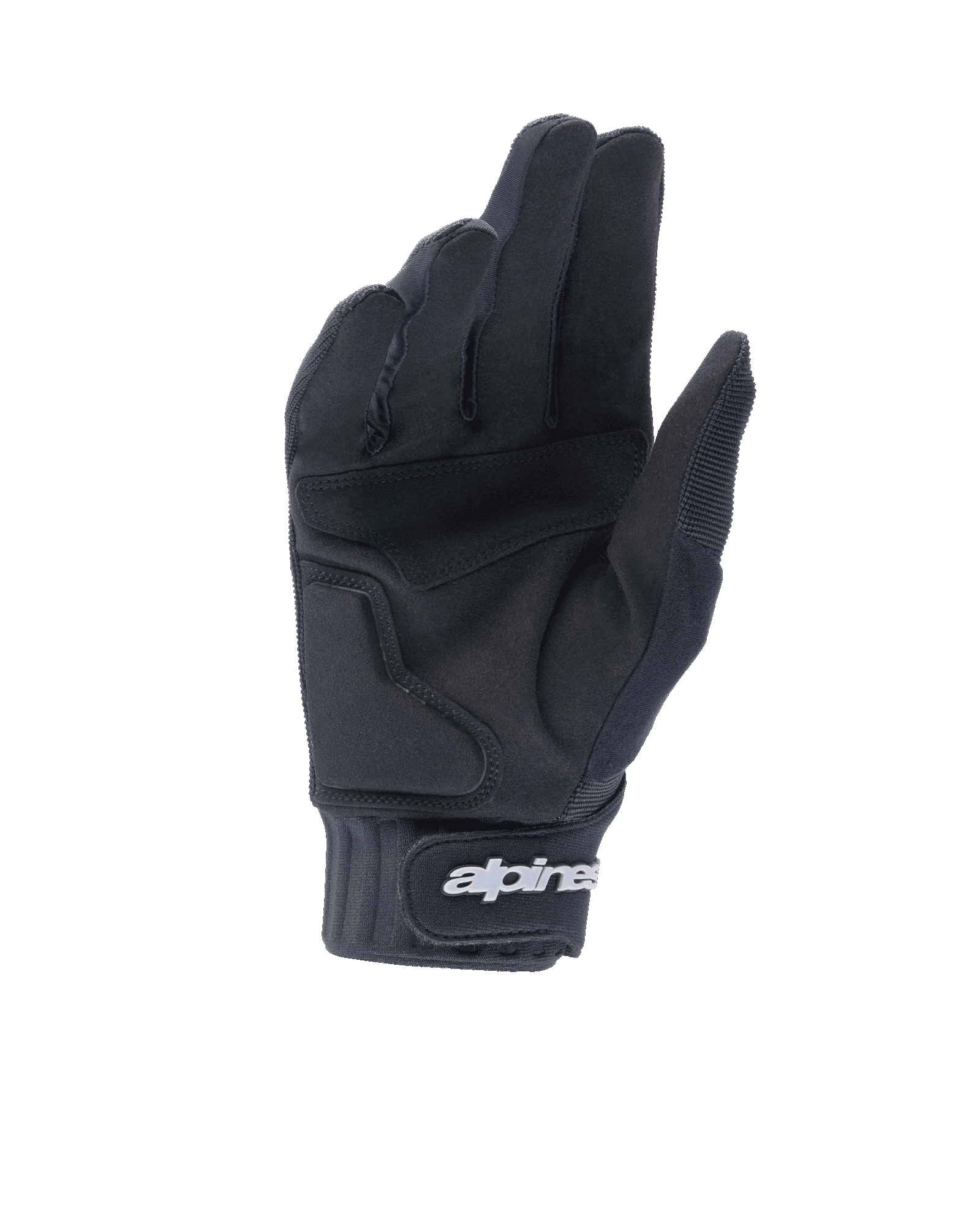 Guantes Alpinestars A-Dura Gel, guantes negros para bicicleta de montaña, vista de la palma con construcción de ante sintético y acolchado de gel, puño de neopreno con cierre de gancho y bucle con logotipo blanco de Alpinestars, equipamiento ergonómico de ciclismo para trail y enduro