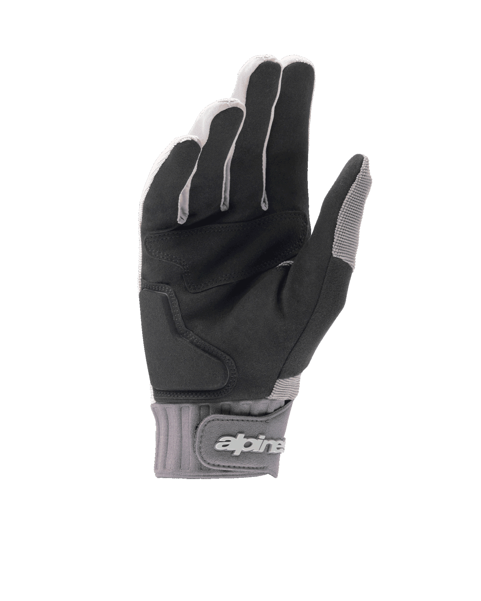 Guantes Alpinestars A-Dura Gel, guantes de mountain bike en gris claro y negro, vista de la palma que muestra ante sintético negro con acolchado de inserción de gel, puño de neopreno con cierre de muñeca de gancho y bucle con el logotipo de la marca, equipamiento ergonómico para ciclismo