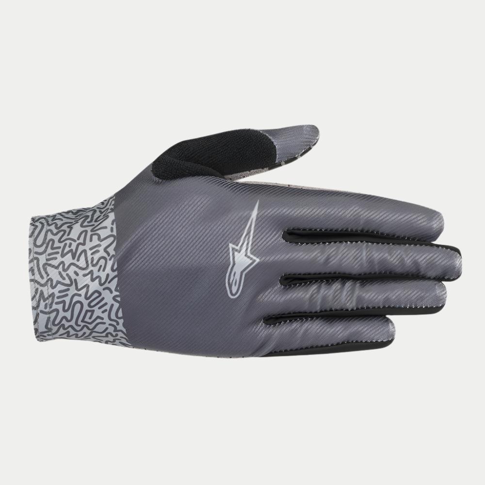 Guantes Alpinestars Stella Alderex Pro para mujer, guantes de MTB, gris antracita, con el dorso de textura diagonal y logotipo blanco de Alpinestars, parche del pulgar de tela de rizo negra y puño con patrón abstracto, equipamiento para ciclismo todoterreno