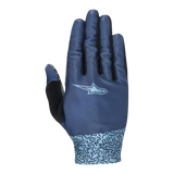 Alpinestars Women Stella Alderex Pro Gloves, Mid Blue, MTB and Off-Road Cycling Gloves, top view featuring breathable stretch mesh, light blue logo, abstract doodle pattern on the cuff, and black terry cloth thumb patch