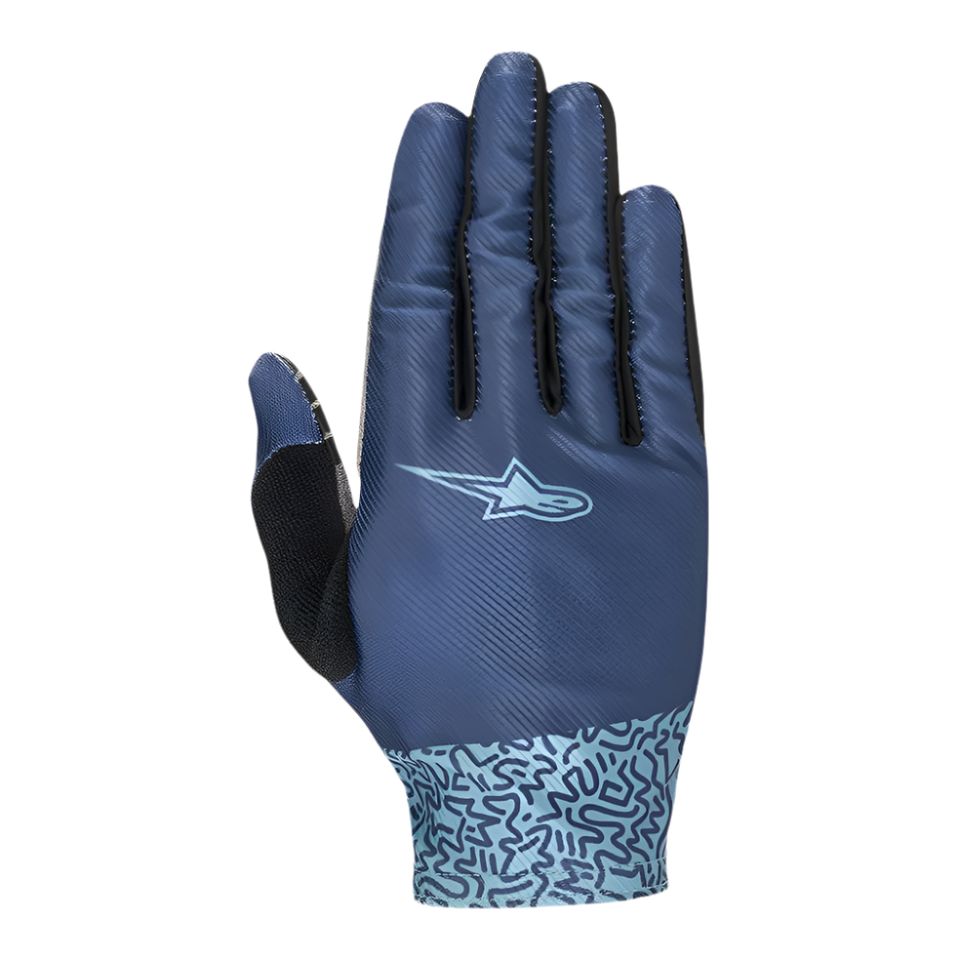 Alpinestars Women Stella Alderex Pro Gloves, Mid Blue, MTB and Off-Road Cycling Gloves, top view featuring breathable stretch mesh, light blue logo, abstract doodle pattern on the cuff, and black terry cloth thumb patch