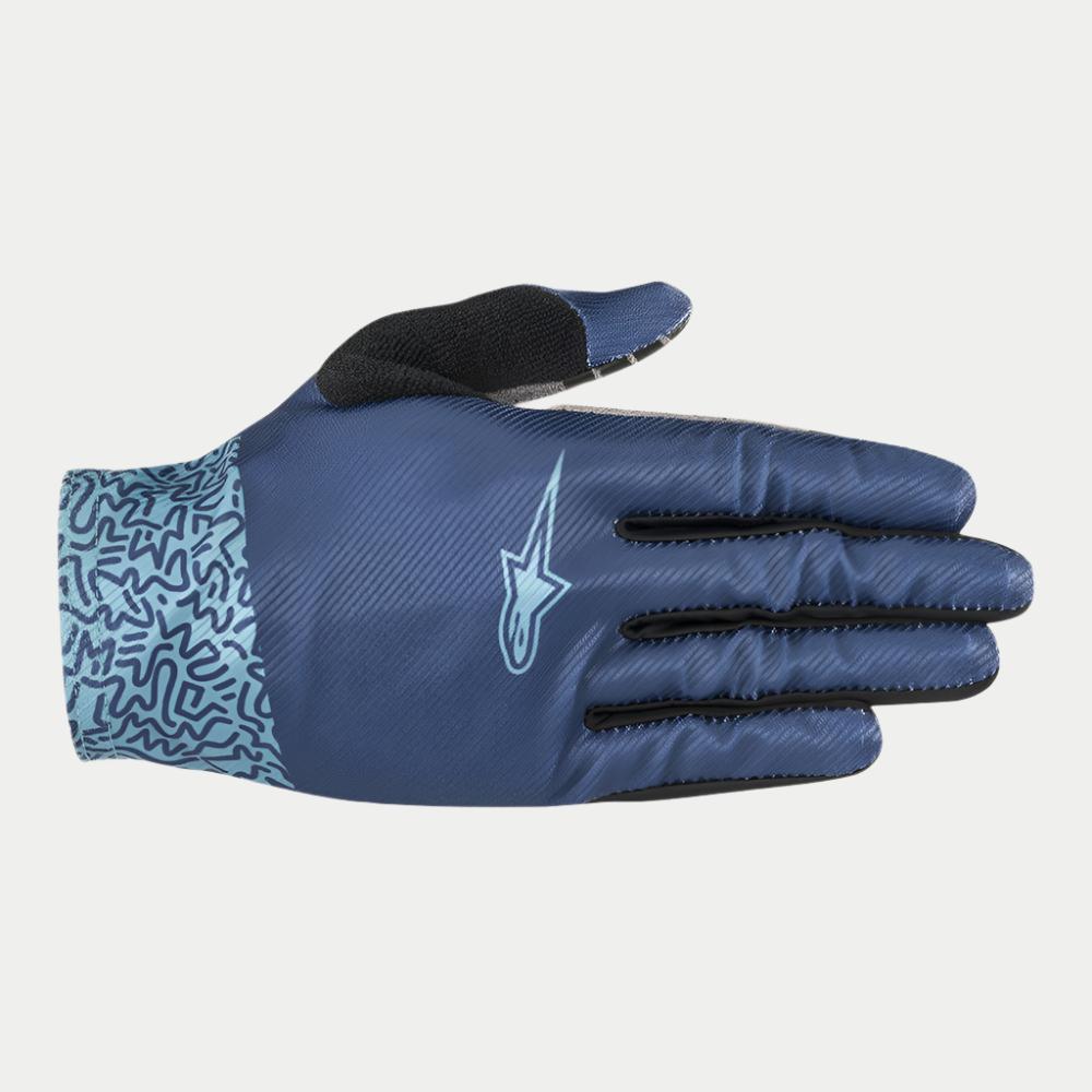 Guantes Alpinestars Stella Alderex Pro, guantes de MTB para mujer, azul medio, con dorso azul oscuro texturizado, logotipo de estrella en azul claro, puño con patrón azul claro y parche negro en el pulgar, diseñados para ciclismo todoterreno