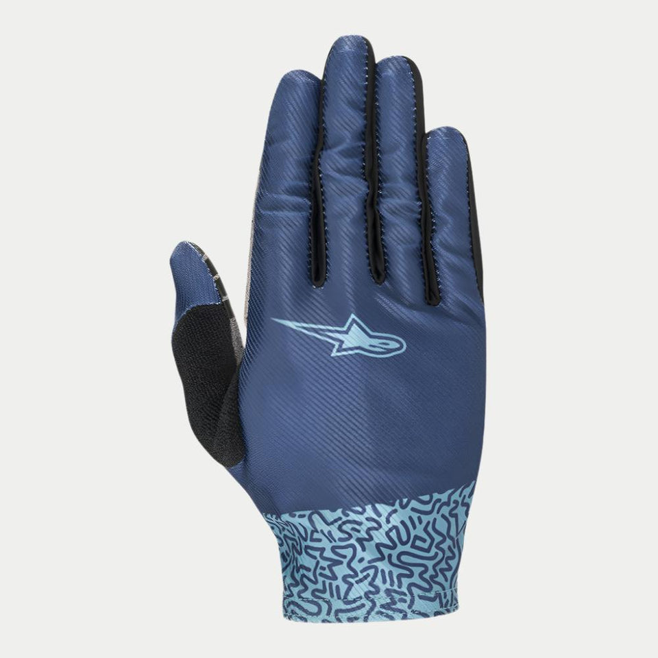 Alpinestars Stella Alderex Pro Gloves, Women's MTB Gloves, Mid Blue, featuring a dark blue textured backhand with a light blue star logo, light blue patterned cuff, and black thumb patch, designed for off-road cycling
