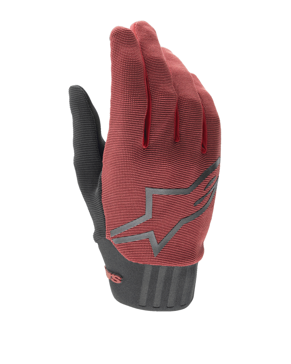 Alpinestars Women Stella A-Dura Gloves, Mountain Bike Gloves, Burgundy and Black, featuring a textured fabric upper, large gray star logo on the back, and a black neoprene cuff with secure closure, designed for ergonomic fit and performance