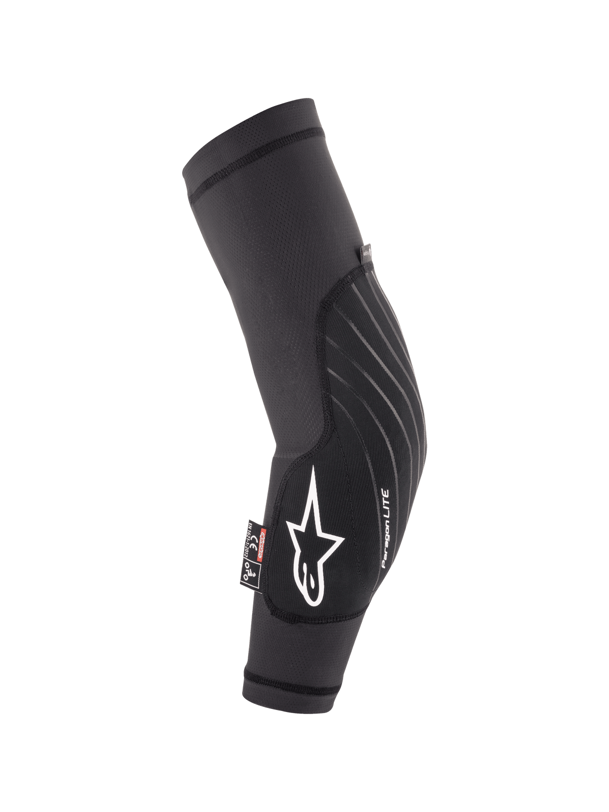 Protectores de codo Alpinestars Youth Paragon Lite, negros, protección ligera para ciclismo de montaña MTB, manga de malla transpirable con logo de estrella blanca y marca Paragon LITE, diseño ergonómico curvado con panel frontal duradero