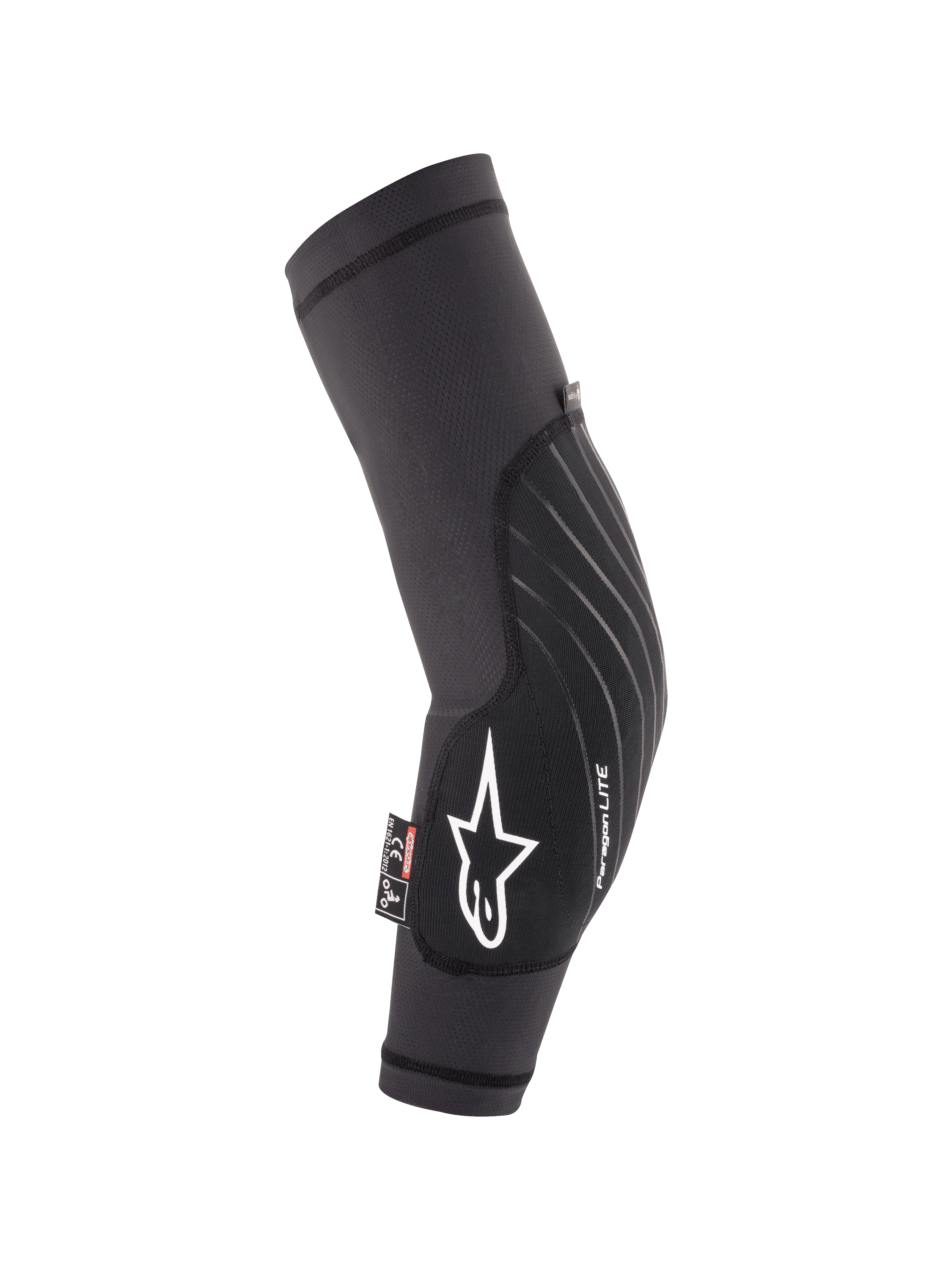 Protectores de codo Alpinestars Youth Paragon Lite, negros, protección ligera para ciclismo de montaña MTB, manga de malla transpirable con logo de estrella blanca y marca Paragon LITE, diseño ergonómico curvado con panel frontal duradero