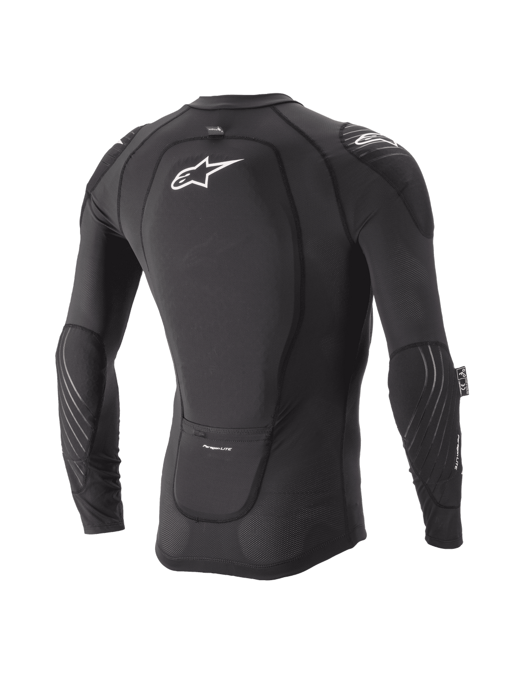 Alpinestars Youth Paragon Lite Protection Jacket, manga larga, negro, vista trasera que muestra el protector de espalda integrado y el logotipo blanco, mangas de malla transpirable con acolchado en los codos, armadura corporal ligera para MTB