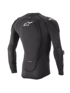 Alpinestars Youth Paragon Lite Protection Jacket, manga larga, negro, vista trasera que muestra el protector de espalda integrado y el logotipo blanco, mangas de malla transpirable con acolchado en los codos, armadura corporal ligera para MTB