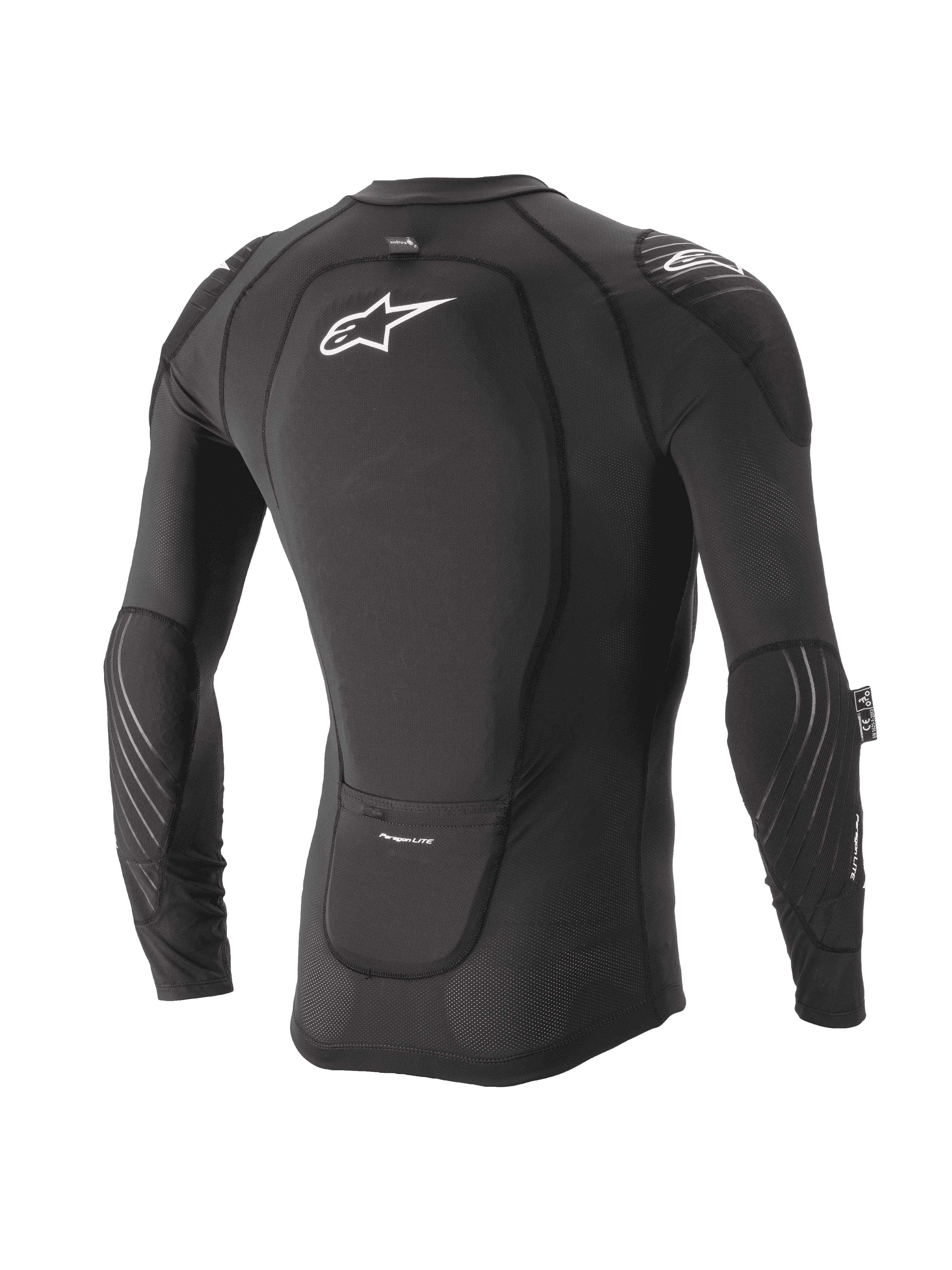 Alpinestars Youth Paragon Lite Protection Jacket, manga larga, negro, vista trasera que muestra el protector de espalda integrado y el logotipo blanco, mangas de malla transpirable con acolchado en los codos, armadura corporal ligera para MTB