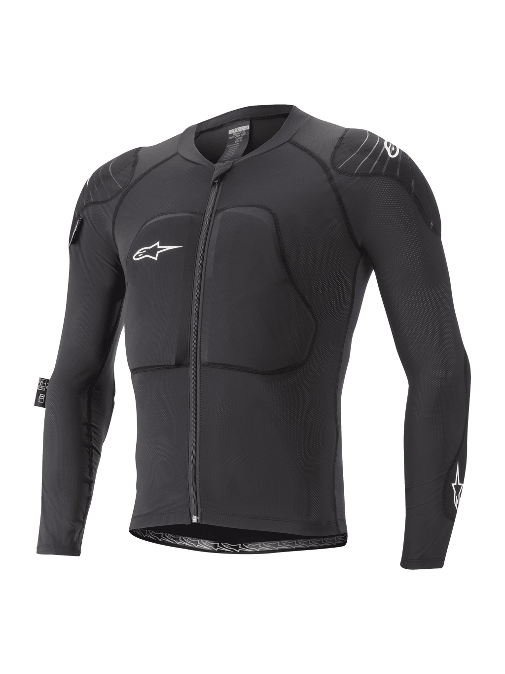 Chaqueta protectora Alpinestars Youth Paragon Lite, chaqueta protectora de manga larga para MTB, negra con logotipos blancos, cremallera frontal, protección acolchada en pecho y hombros, mangas de malla transpirable, diseño ligero y flexible para ciclismo de montaña juvenil