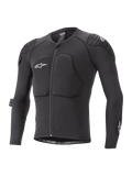 Chaqueta protectora Alpinestars Youth Paragon Lite, chaqueta protectora de manga larga para MTB, negra con logotipos blancos, cremallera frontal, protección acolchada en pecho y hombros, mangas de malla transpirable, diseño ligero y flexible para ciclismo de montaña juvenil