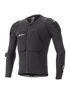 Chaqueta protectora Alpinestars Youth Paragon Lite, chaqueta protectora de manga larga para MTB, negra con logotipos blancos, cremallera frontal, protección acolchada en pecho y hombros, mangas de malla transpirable, diseño ligero y flexible para ciclismo de montaña juvenil