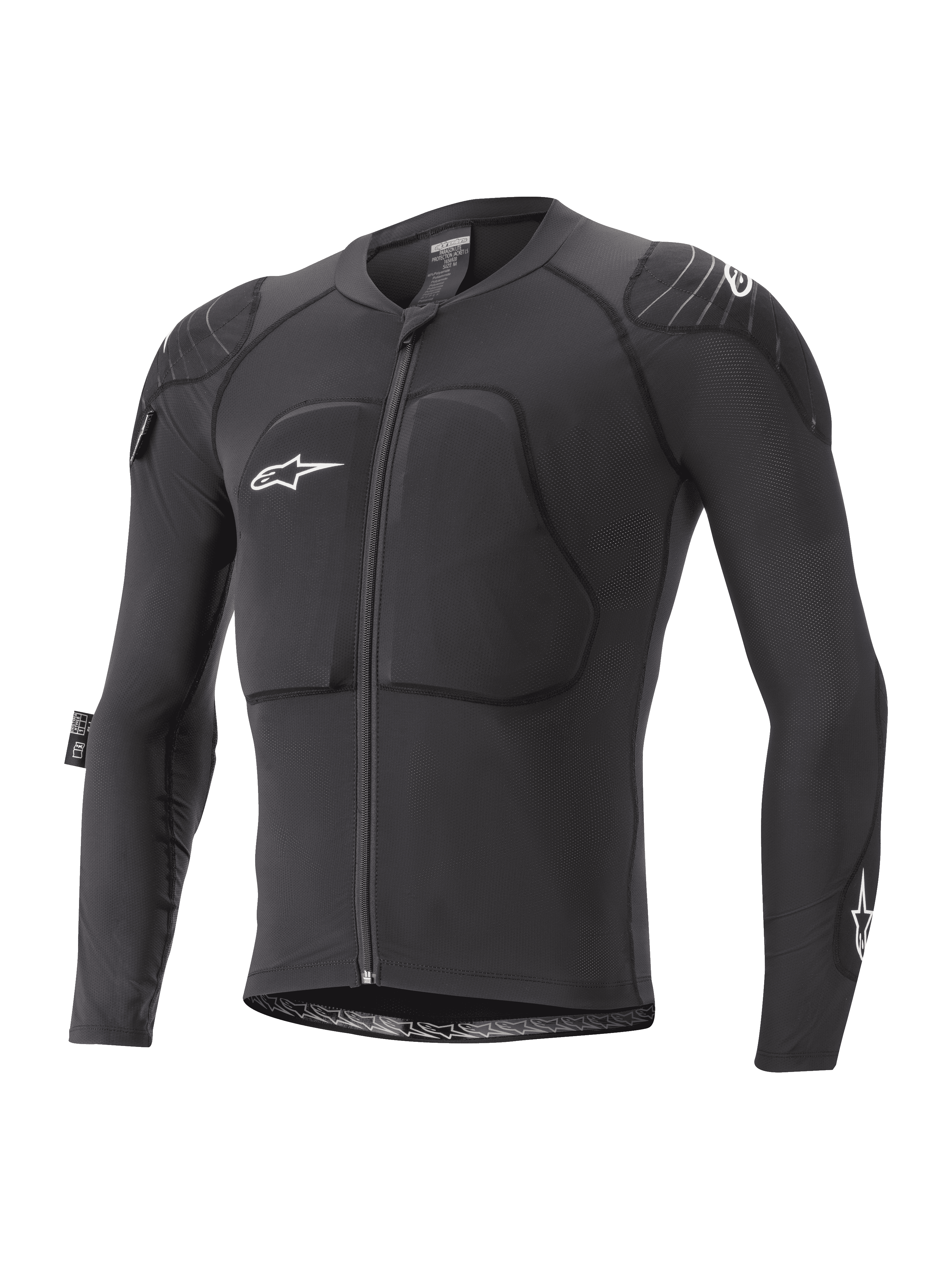 Chaqueta protectora Alpinestars Youth Paragon Lite, chaqueta protectora de manga larga para MTB, negra con logotipos blancos, cremallera frontal, protección acolchada en pecho y hombros, mangas de malla transpirable, diseño ligero y flexible para ciclismo de montaña juvenil
