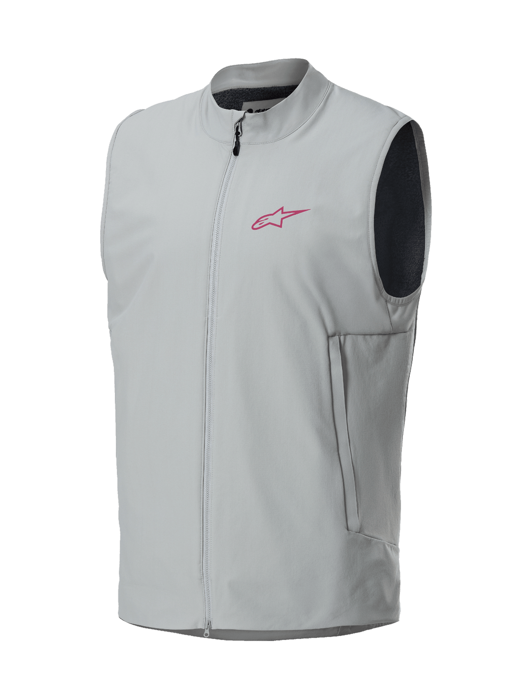 Chaleco térmico Alpinestars A-Dura, Gris Titanio, logotipo de estrella Alpinestars en magenta en el pecho, frontal con cremallera completa y bolsillos laterales verticales, chaleco ligero con aislamiento para ciclismo de montaña y trail
