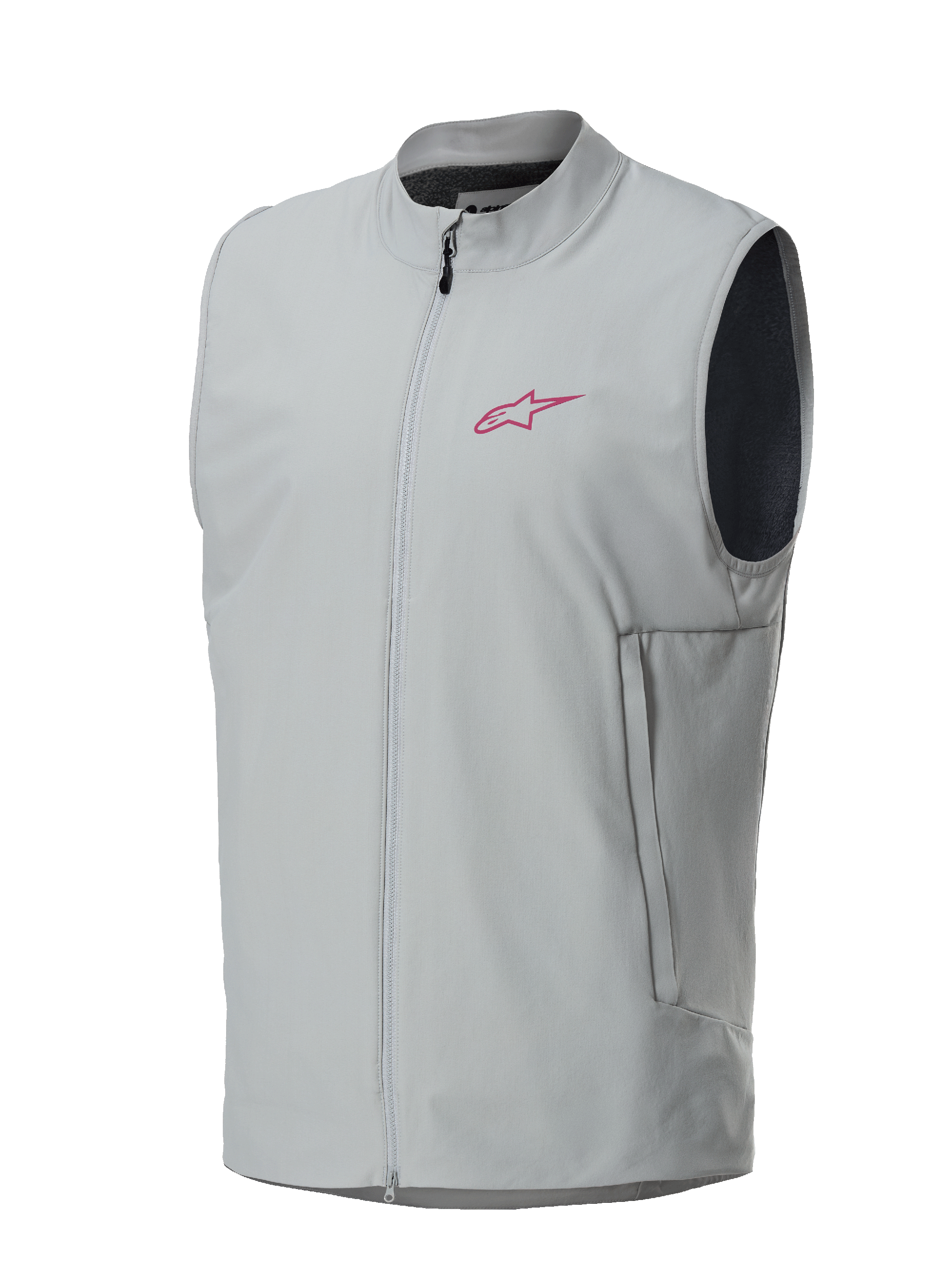 Chaleco térmico Alpinestars A-Dura, Gris Titanio, logotipo de estrella Alpinestars en magenta en el pecho, frontal con cremallera completa y bolsillos laterales verticales, chaleco ligero con aislamiento para ciclismo de montaña y trail