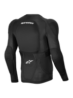 Alpinestars Chaqueta Protectora A-Impact Plasma, chaqueta protectora de manga larga para MTB de hombre, color negro con detalles en blanco, vista trasera con malla elástica transpirable y cinturón ajustable